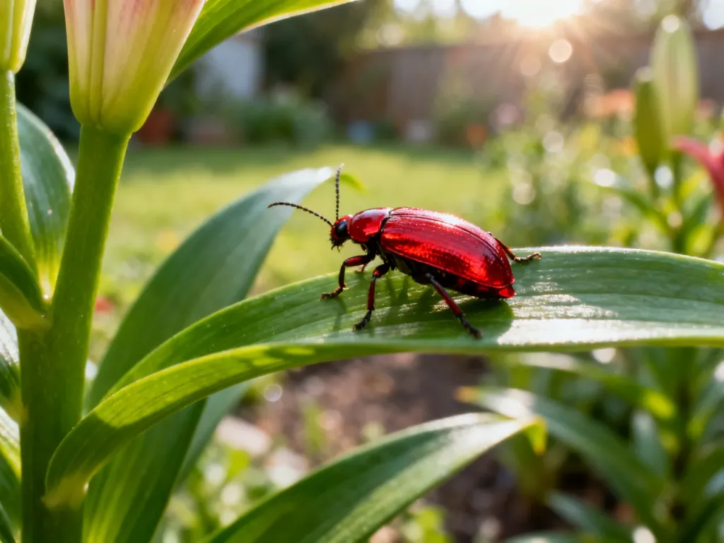 Jaskrawoczerwona poskrzypka liliowa siedząca na zielonym liściu lilii w słonecznym ogrodzie.