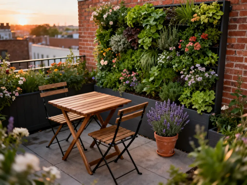 Przytulny, mały ogród na patio z drewnianym zestawem bistro, pionowym ogrodem na ceglanej ścianie i ciepłym oświetleniem.
