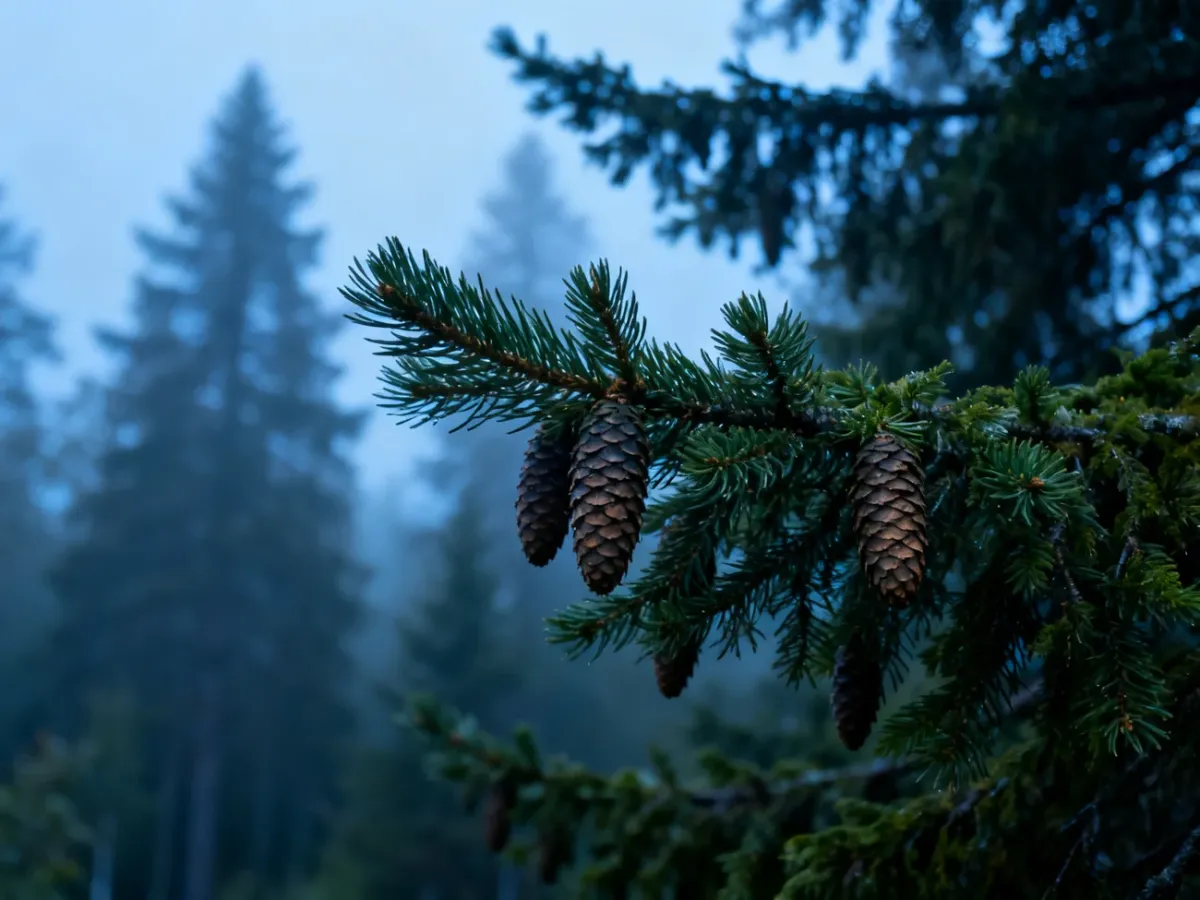 Okaz świerka syberyjskiego w naturalnym, mglistym lesie z widocznymi igłami i szyszkami na pierwszym planie.