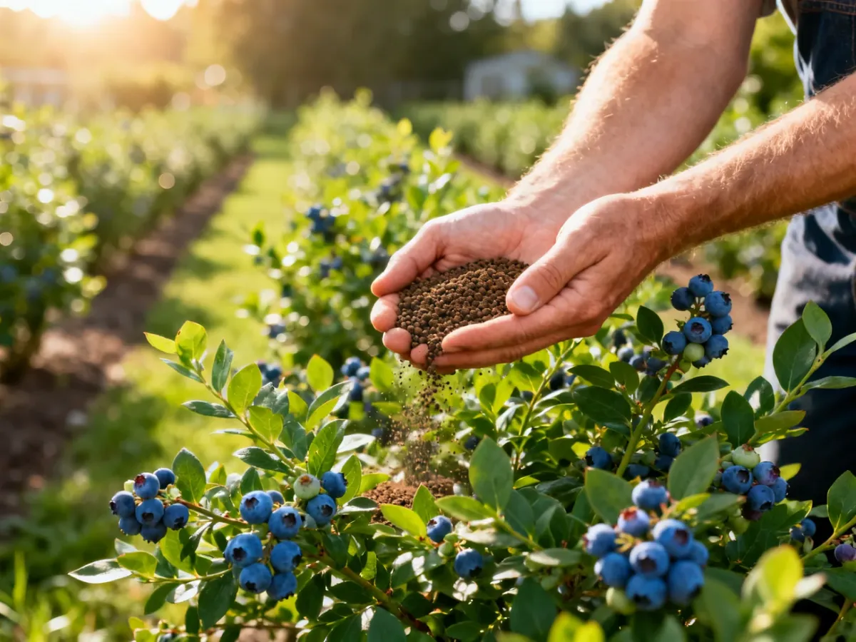 Ogrodnik rozsypuje nawóz organiczny pod krzewem borówki w słonecznym ogrodzie.