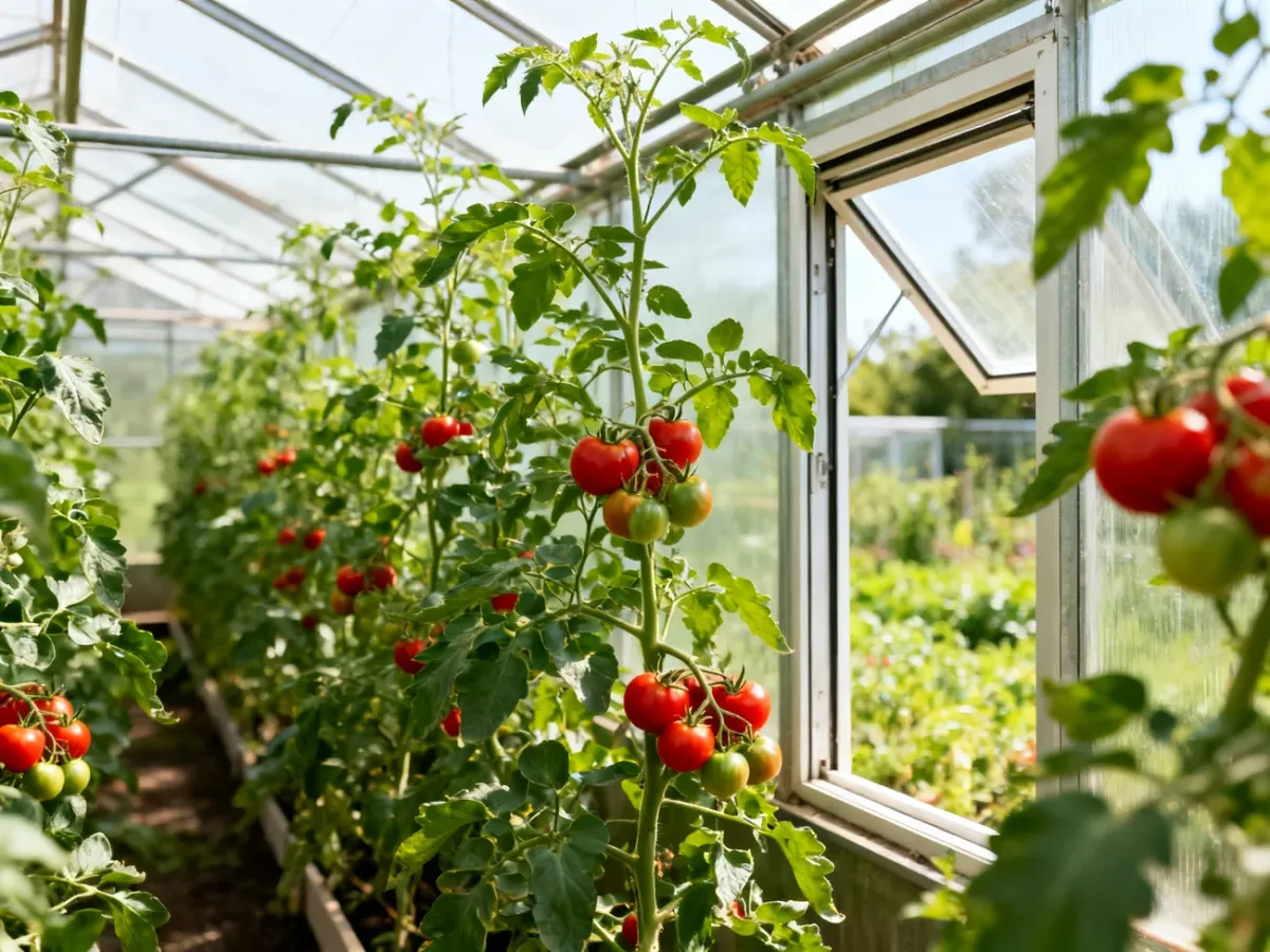 Zdrowe pomidory w przewiewnej szklarni z umiarkowanie usuniętymi liśćmi