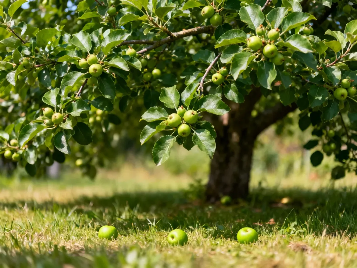 Jabłoń z małymi zawiązkami owoców opadającymi w ramach naturalnego przerzedzania