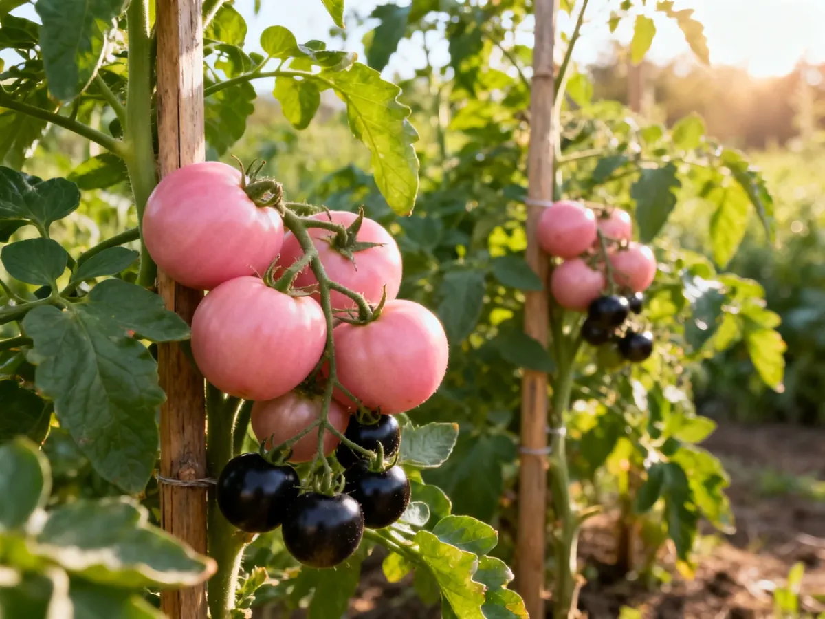 Wysokie pomidory tyczne przy palikach z dużymi i ciemnymi owocami