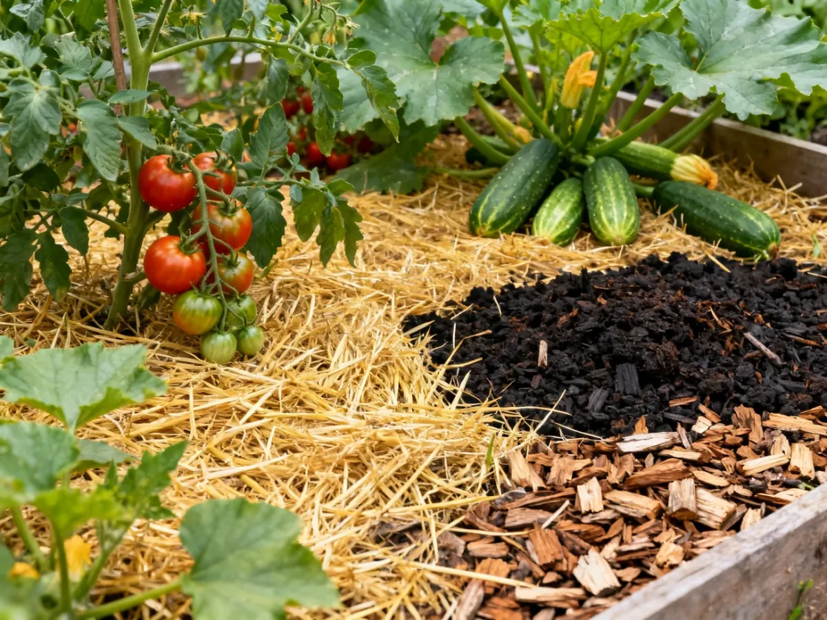 Warzywnik ze zdrowymi roślinami i różnymi rodzajami organicznej ściółki